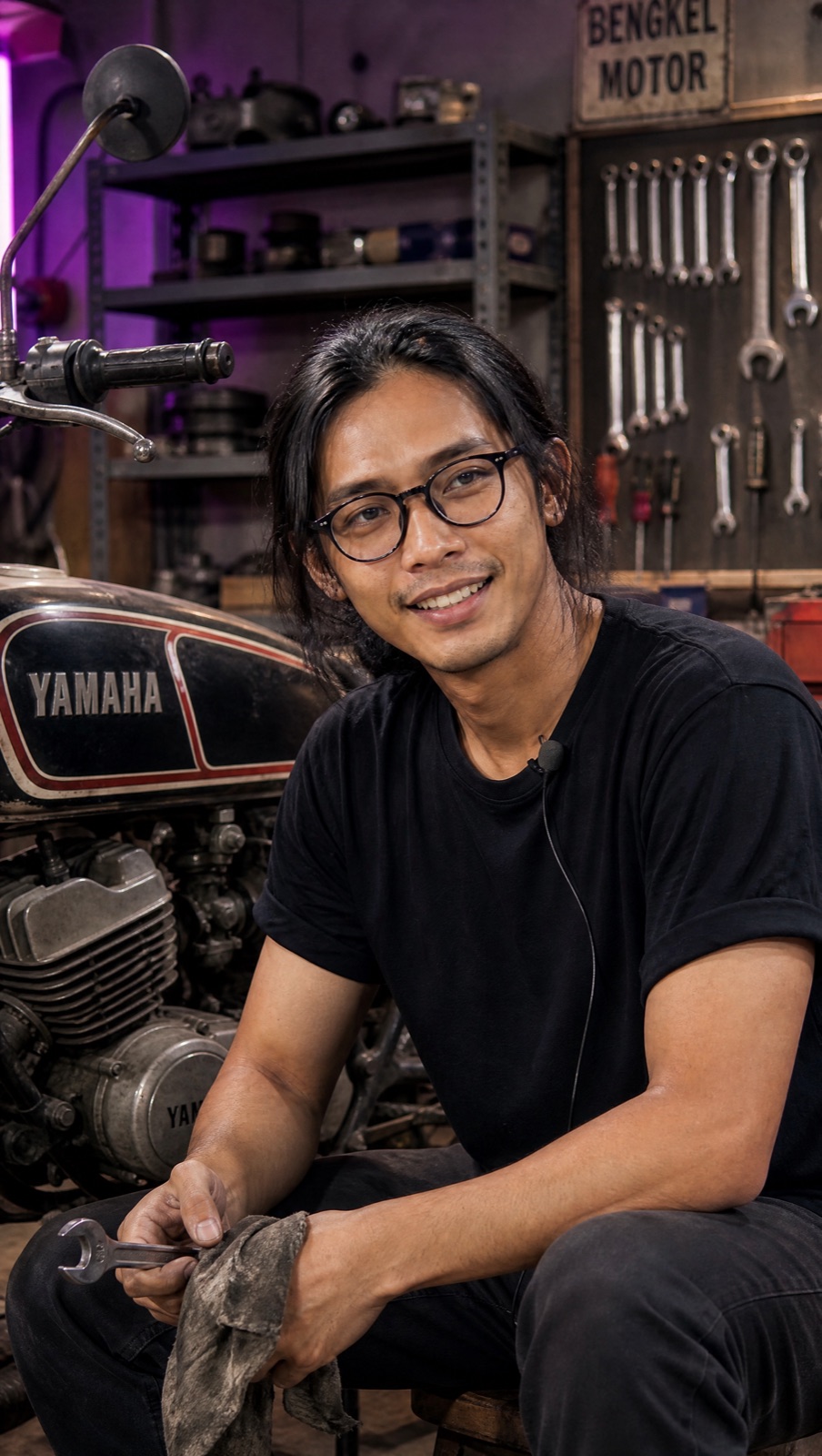 Her brother in the workshop next to an old Yamaha