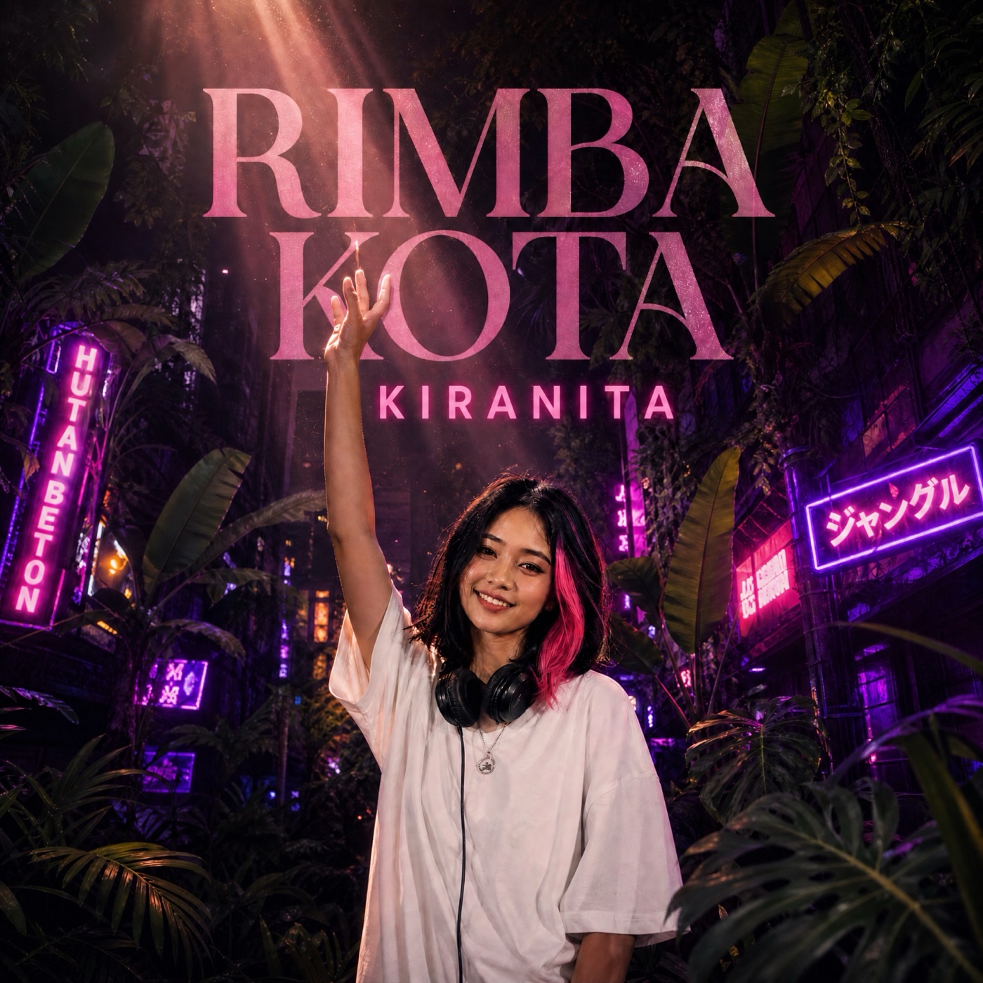 RIMBA KOTA album cover: KIRANITA raising her hand under neon signs in a city jungle