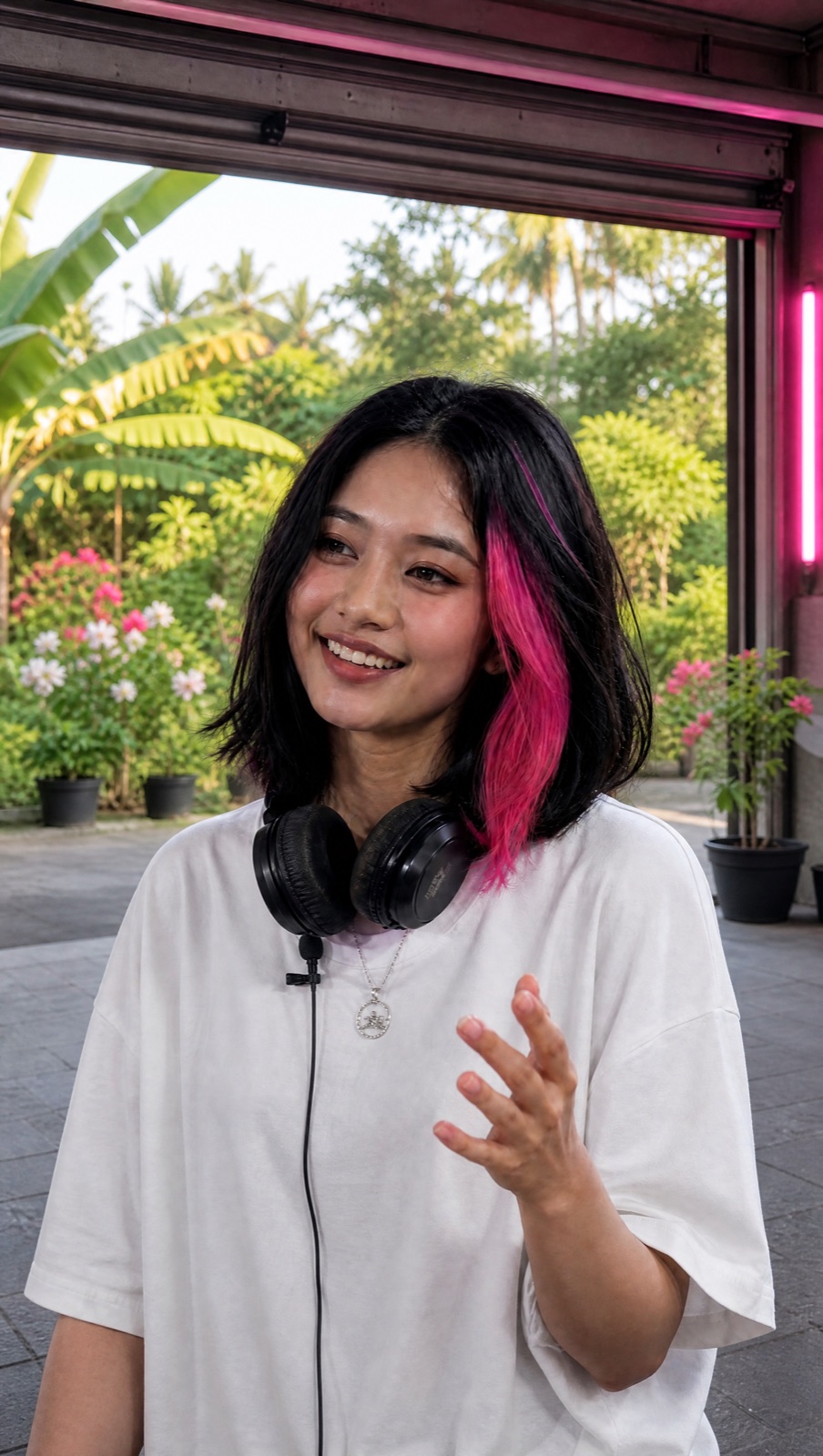 KIRANITA in a courtyard with flowers, lapel mic on her t-shirt