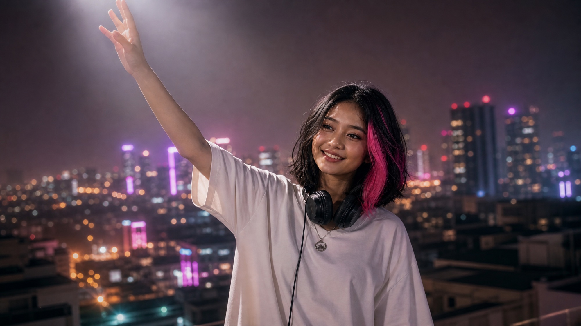 KIRANITA on a Jakarta rooftop at night, one hand raised into a beam of light